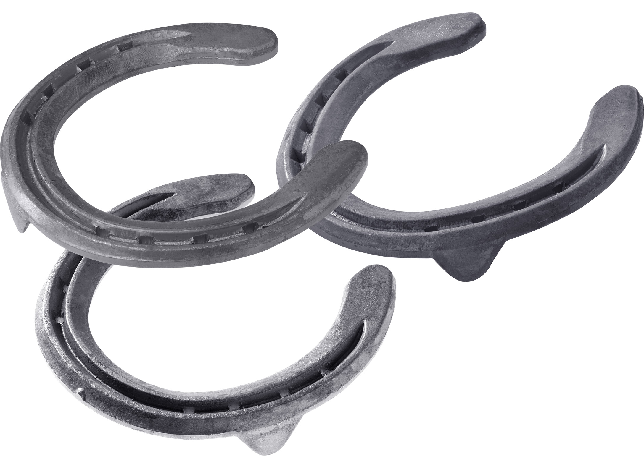 St. Croix Advantage Steel horseshoes, front toe clip and  side clips, hind side clips, bottom side view