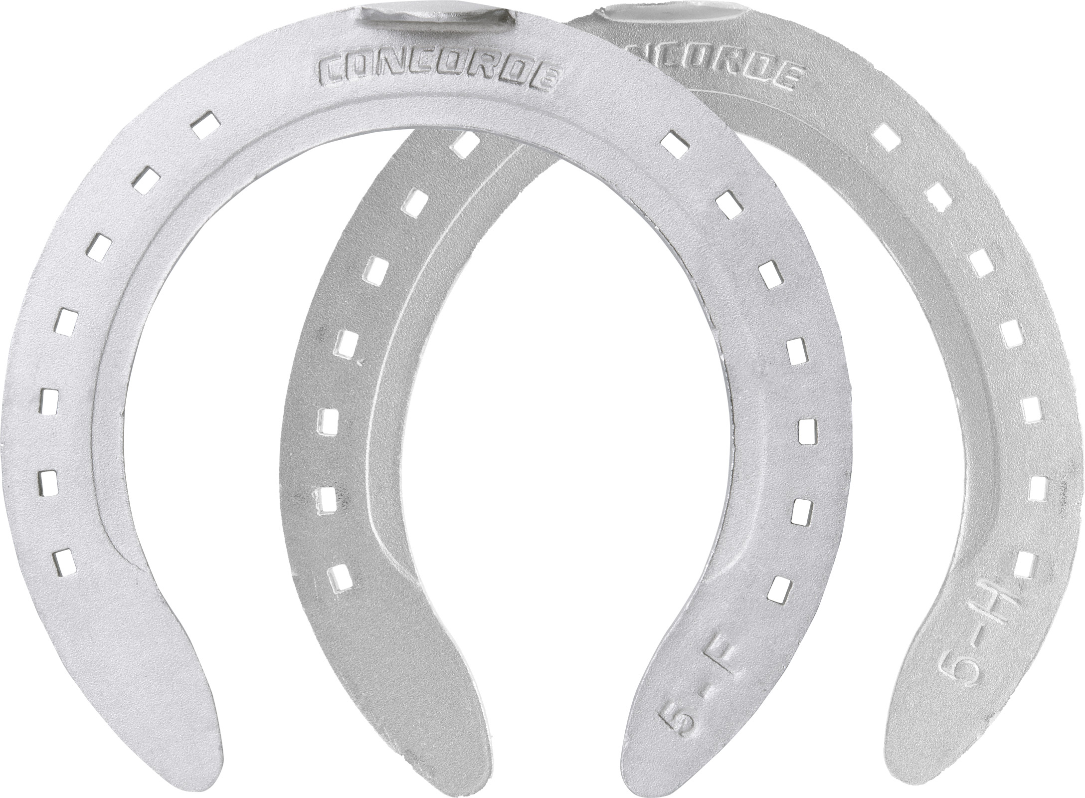 St. Croix Concorde Aluminum Turf Plate horseshoes, front and hind, hoof side view
