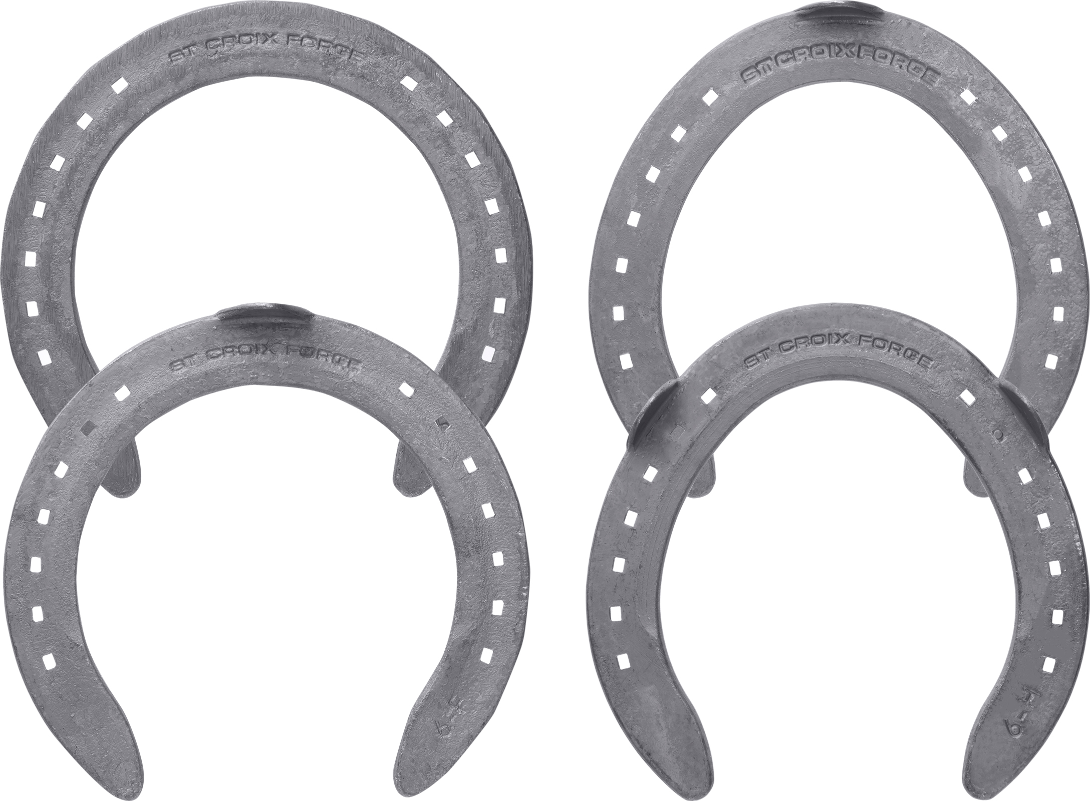 St. Croix Concorde Steel horseshoes, front unclipped and toe clip, hind toe clip and side clips, hoof side view