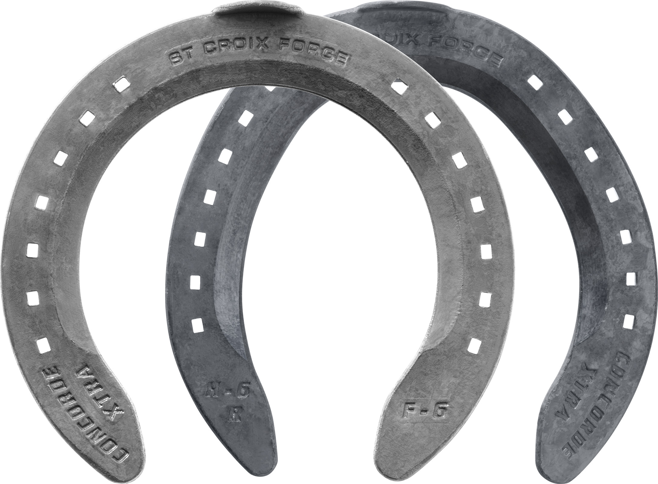 St. Croix Concorde Extra Steel horseshoes, front and hind, hoof side view